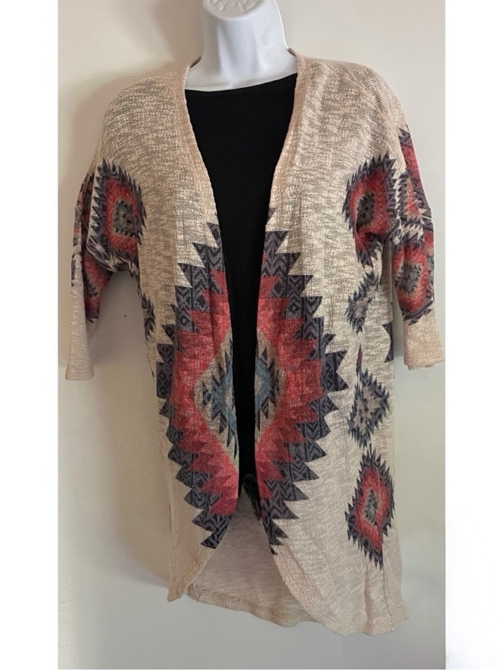 Ginger G Beige Open-Front Cardigan with Red and Navy Aztec Print